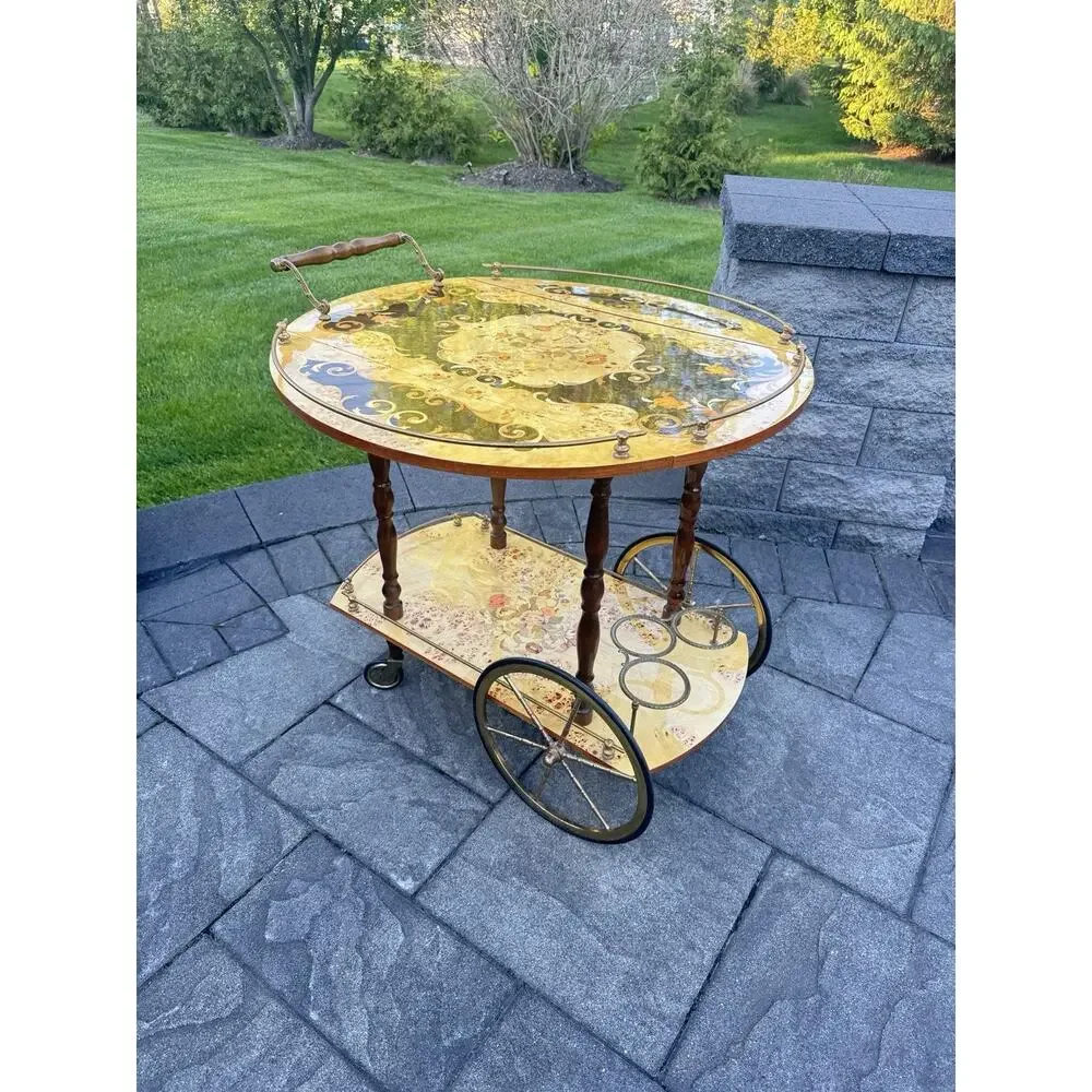 VTG Italian Marquetry Tea & Bar Cart Wood Serving Drop Leaf ~Great For Display